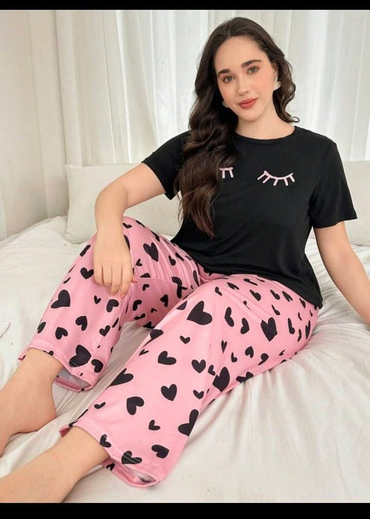 Black Sleepy Eyes with Hearts Printed PJ Set For Her