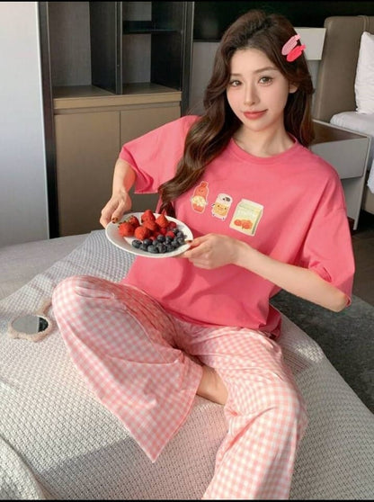 Pink Juices with Cheq Printed PJ Set For Her