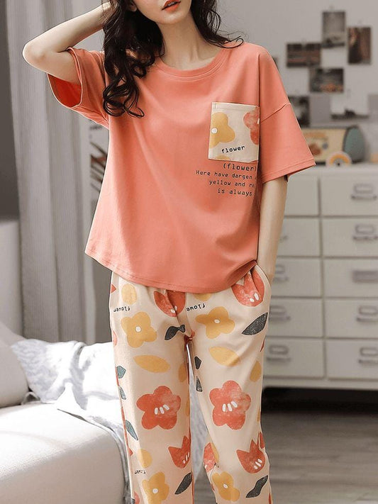 Pink Flower Pattern Printed PJ Set For Her