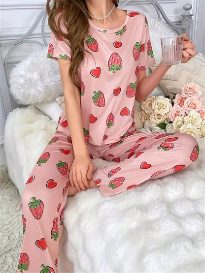 Pink All Over Strawberries & Hearts Printed PJ Set For Her