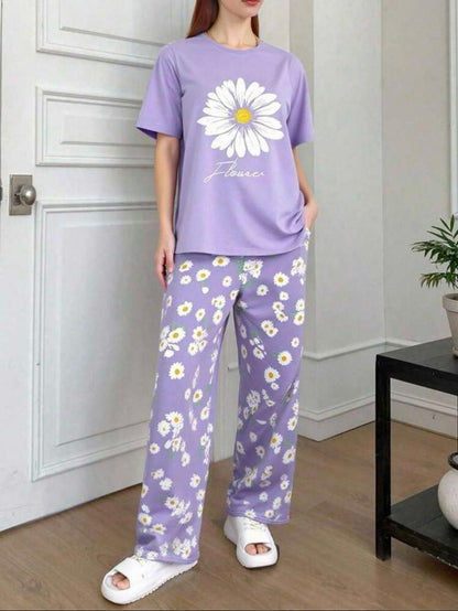 Lilac Sunflower Printed PJ Set For Her