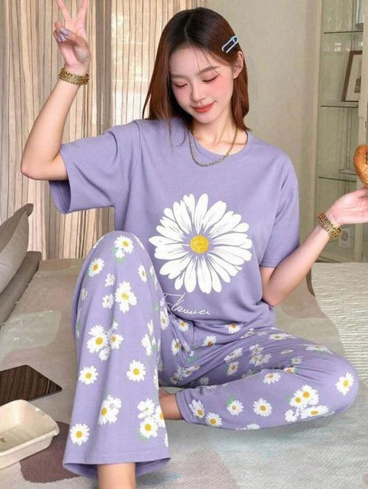 Lilac Sunflower Printed PJ Set For Her