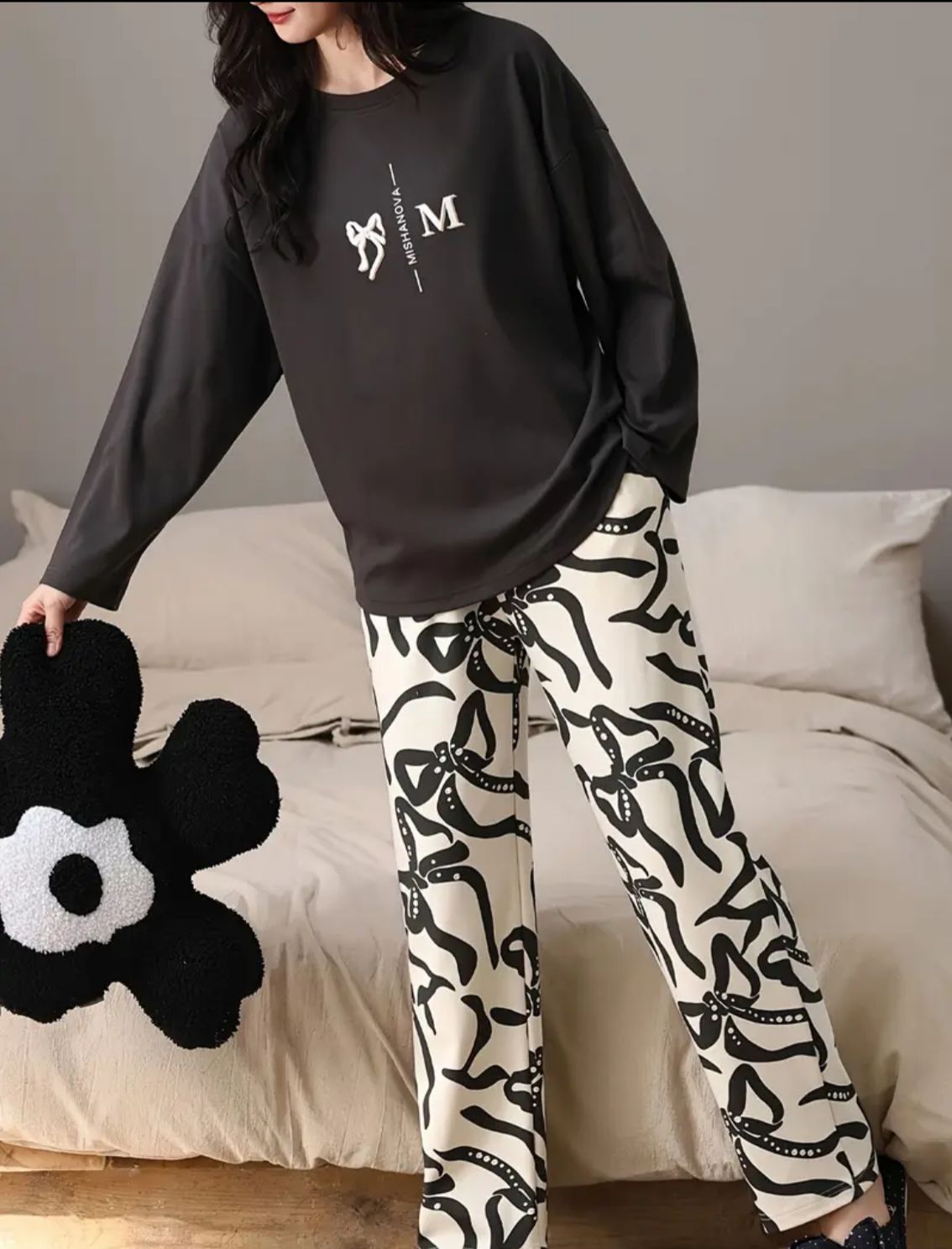 Black Ribbon Printed Full Sleeves Shirt with Off White Printed PJ Set For Her