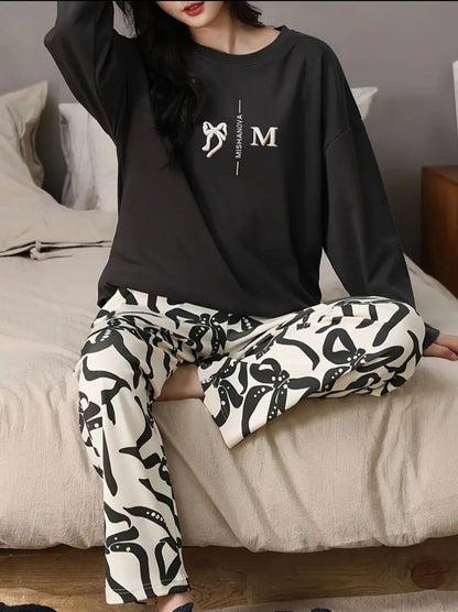 Black Ribbon Printed Full Sleeves Shirt with Off White Printed PJ Set For Her