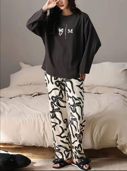 Black Ribbon Printed Full Sleeves Shirt with Off White Printed PJ Set For Her