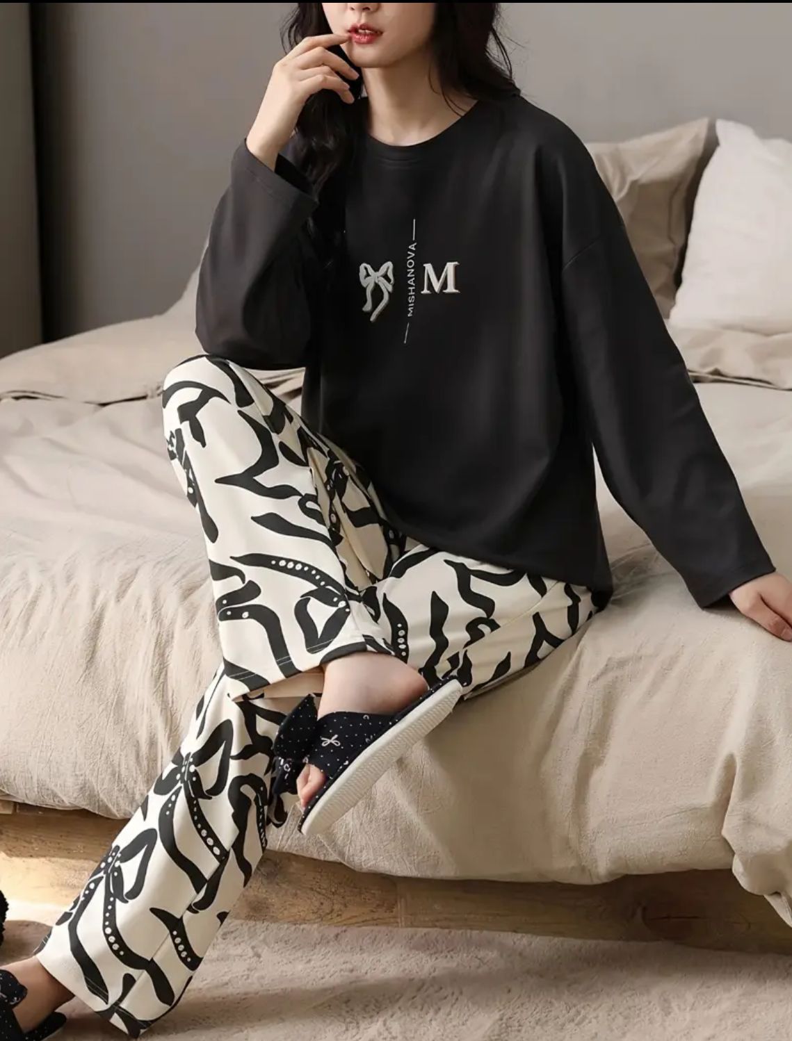 Black Ribbon Printed Full Sleeves Shirt with Off White Printed PJ Set For Her