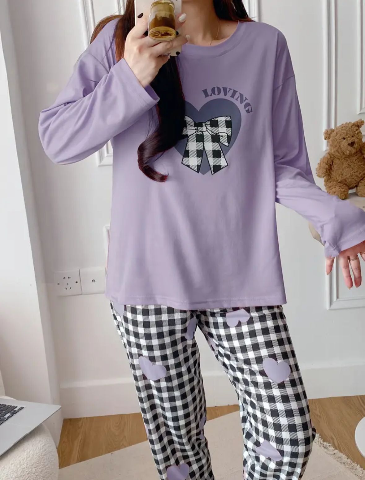 Lilac Loving with Cheq Ribbon Printed Full Sleeves PJ Set For Her