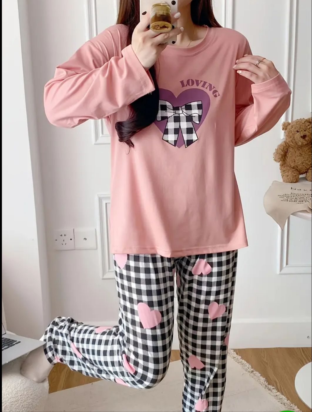 Baby Pink Loving with Cheq Ribbon Printed Full Sleeves PJ Set For Her