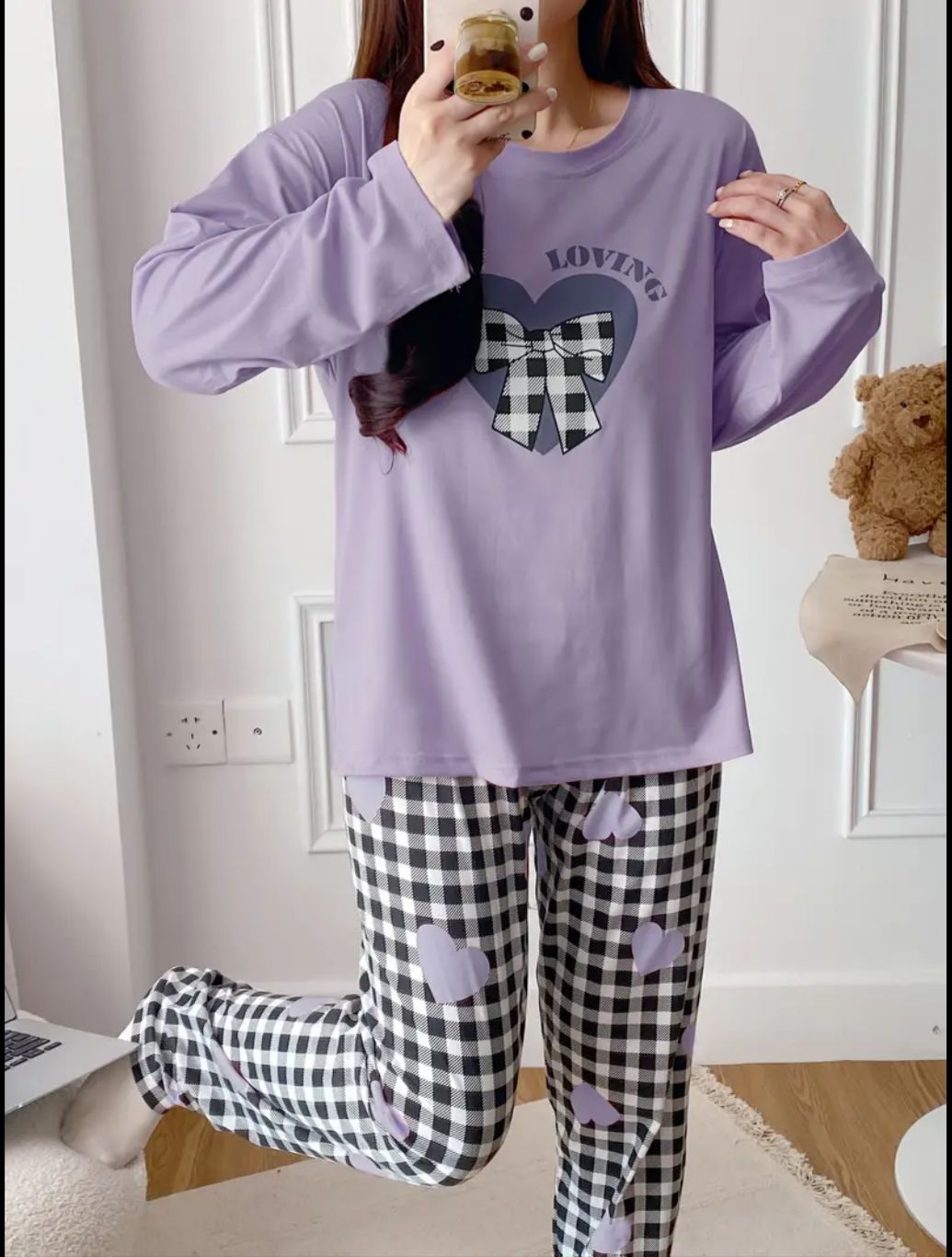 Lilac Loving with Cheq Ribbon Printed Full Sleeves PJ Set For Her