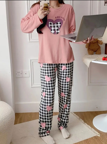 Baby Pink Loving with Cheq Ribbon Printed Full Sleeves PJ Set For Her