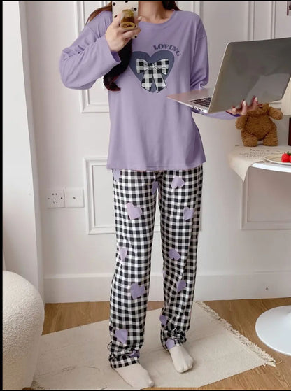Lilac Loving with Cheq Ribbon Printed Full Sleeves PJ Set For Her