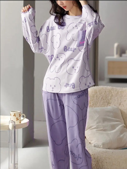 White with Lilac Bunny & Bear Printed Full Sleeves with Lilac Printed PJ Set For Her