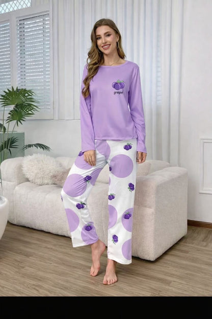 Lilac Grapes Printed Full Sleeves PJ Set For Her