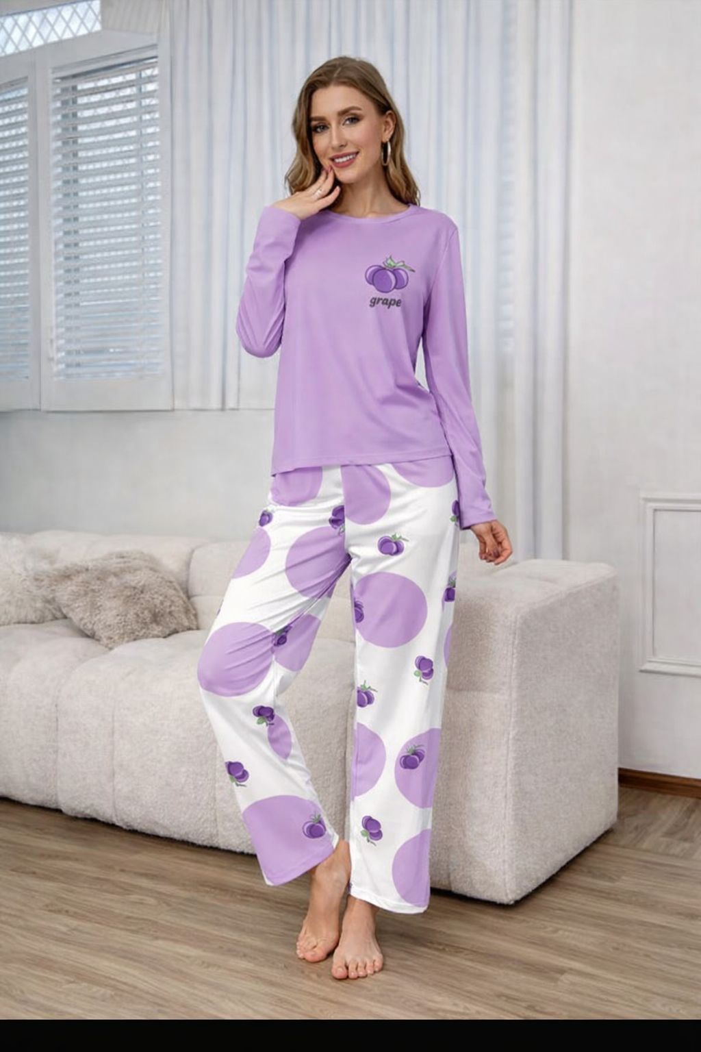 Lilac Grapes Printed Full Sleeves PJ Set For Her