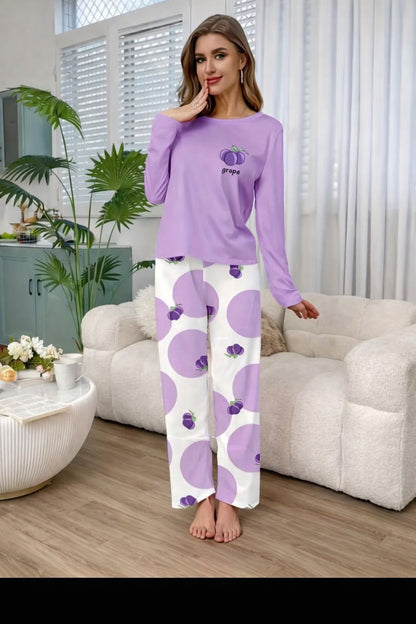 Lilac Grapes Printed Full Sleeves PJ Set For Her