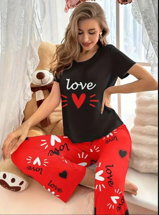 Black Love Heart Printed Half Sleeves with Red Printed PJ Set For Her