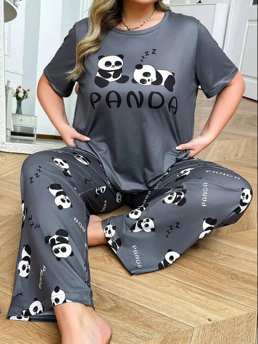 Grey Pandaa Printed Half Sleeves PJ Set For Her