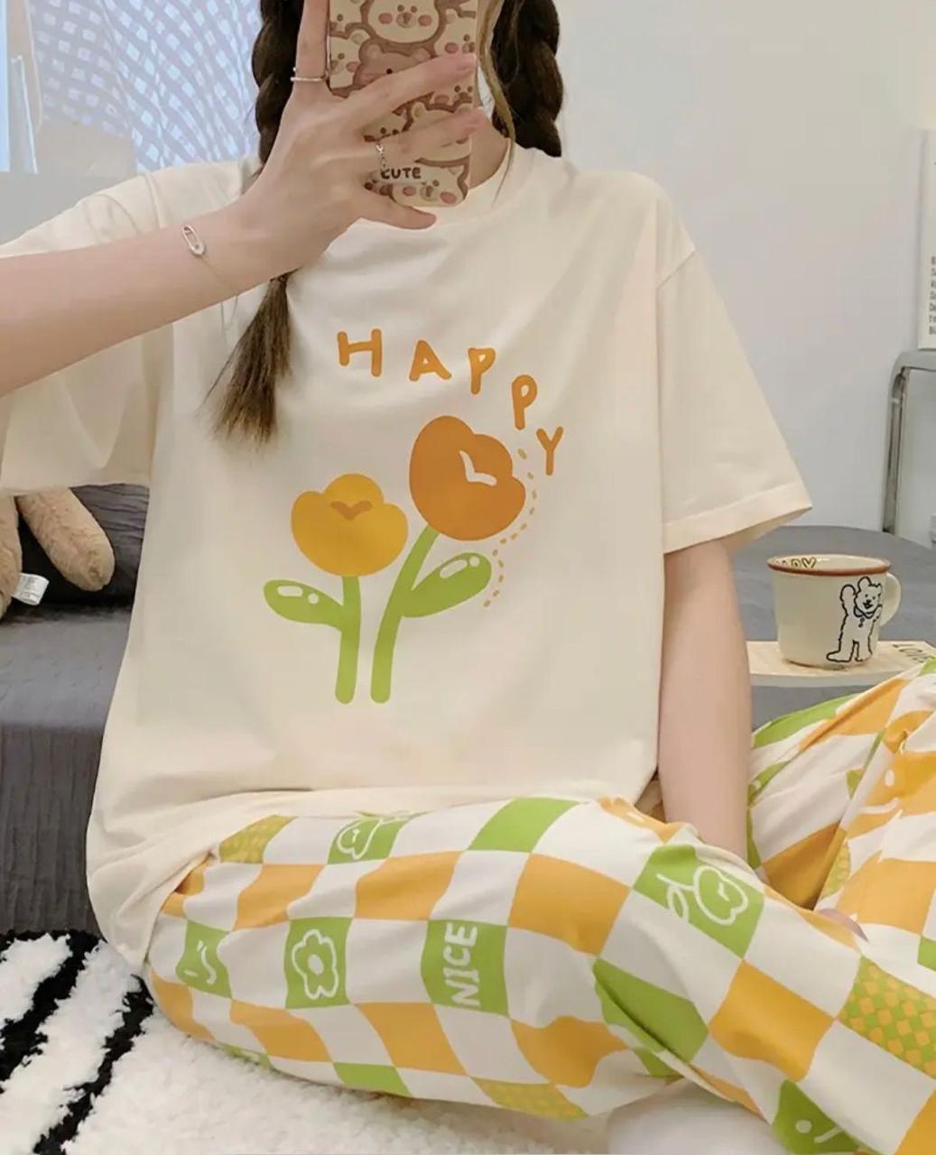Off White Happy Flowers Printed Half Sleeves with Nice Cheq Printed PJ Set For Her