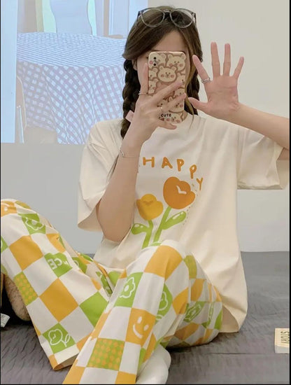 Off White Happy Flowers Printed Half Sleeves with Nice Cheq Printed PJ Set For Her