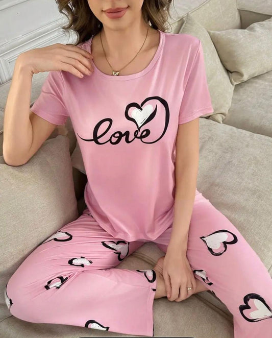 Baby Pink Love Heart Printed Half Sleeves PJ Set For Her
