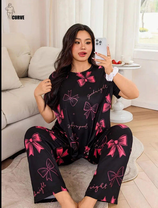 Black with Dark Pink Bow Printed Half Sleeves PJ Set For Her