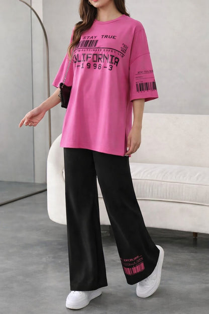 Shocking Pink Calfornia Printed Long Shirt with Black Printed PJ Set For Her
