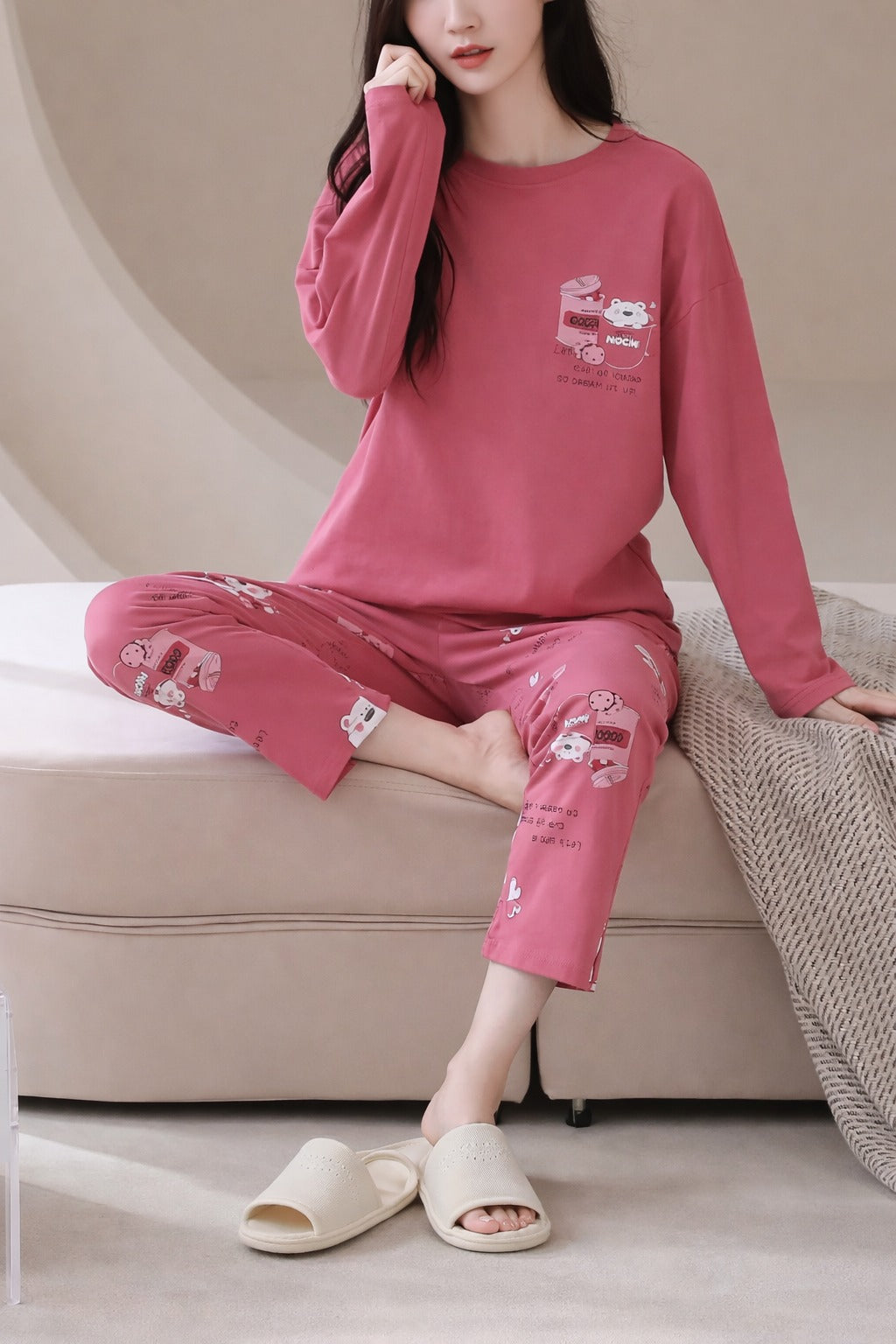 Pink Sleepy Bear with Bear Printed Full Sleeves PJ Set For Her