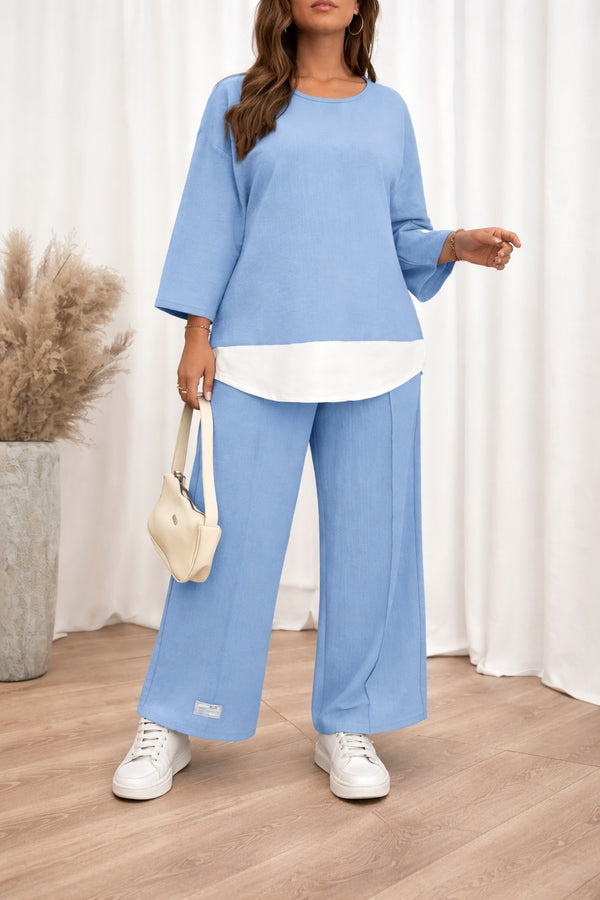 Sky Blue with White Botton Line with Plain Palazzo Loungewear For Her