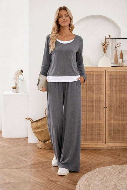 Grey with White Botton Line with Plain Palazzo Loungewear For Her