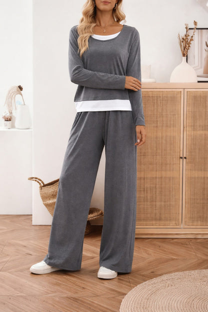 Grey with White Botton Line with Plain Palazzo Loungewear For Her