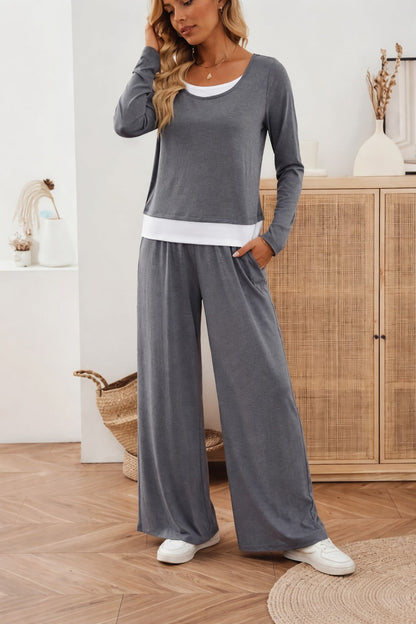 Grey with White Botton Line with Plain Palazzo Loungewear For Her