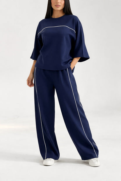 Navy Blue with White Lining Quater Sleeves Shirt with Plain Palazzo Loungewear For Her