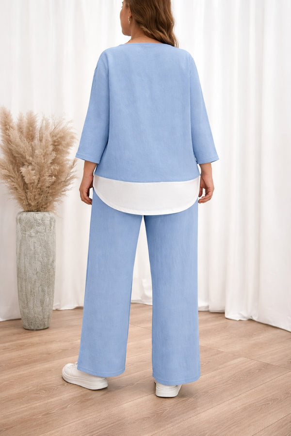 Sky Blue with White Botton Line with Plain Palazzo Loungewear For Her
