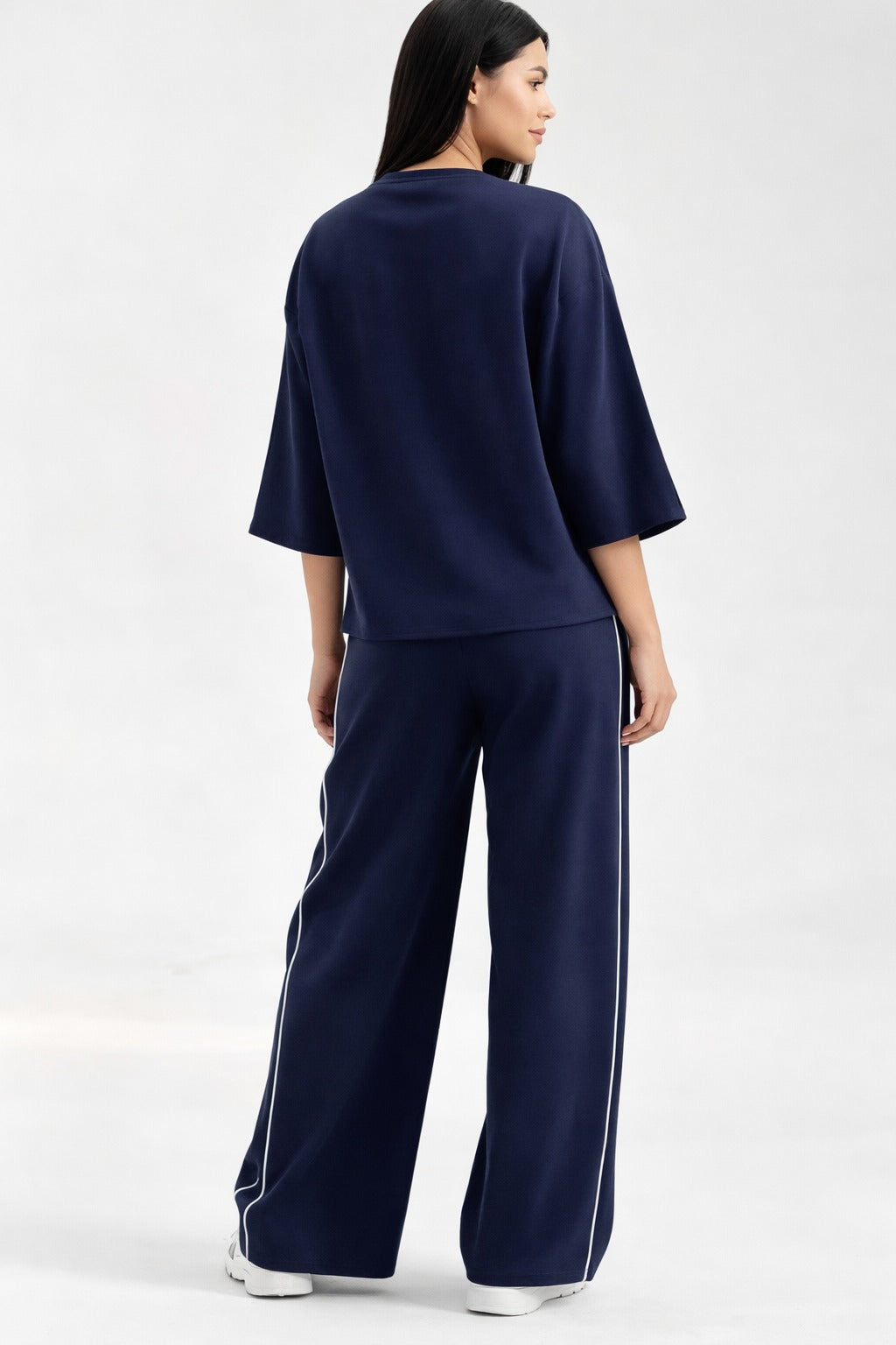 Navy Blue with White Lining Quater Sleeves Shirt with Plain Palazzo Loungewear For Her