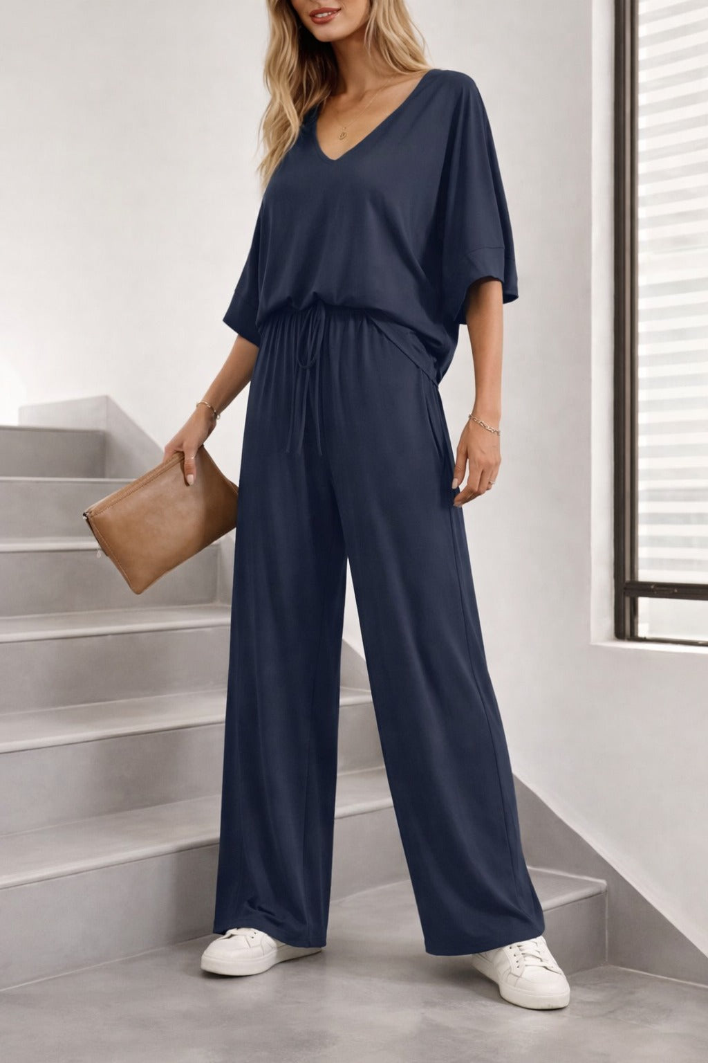 Navy Blue V-Neck Half Sleeves Loungewear For Her (NEW)