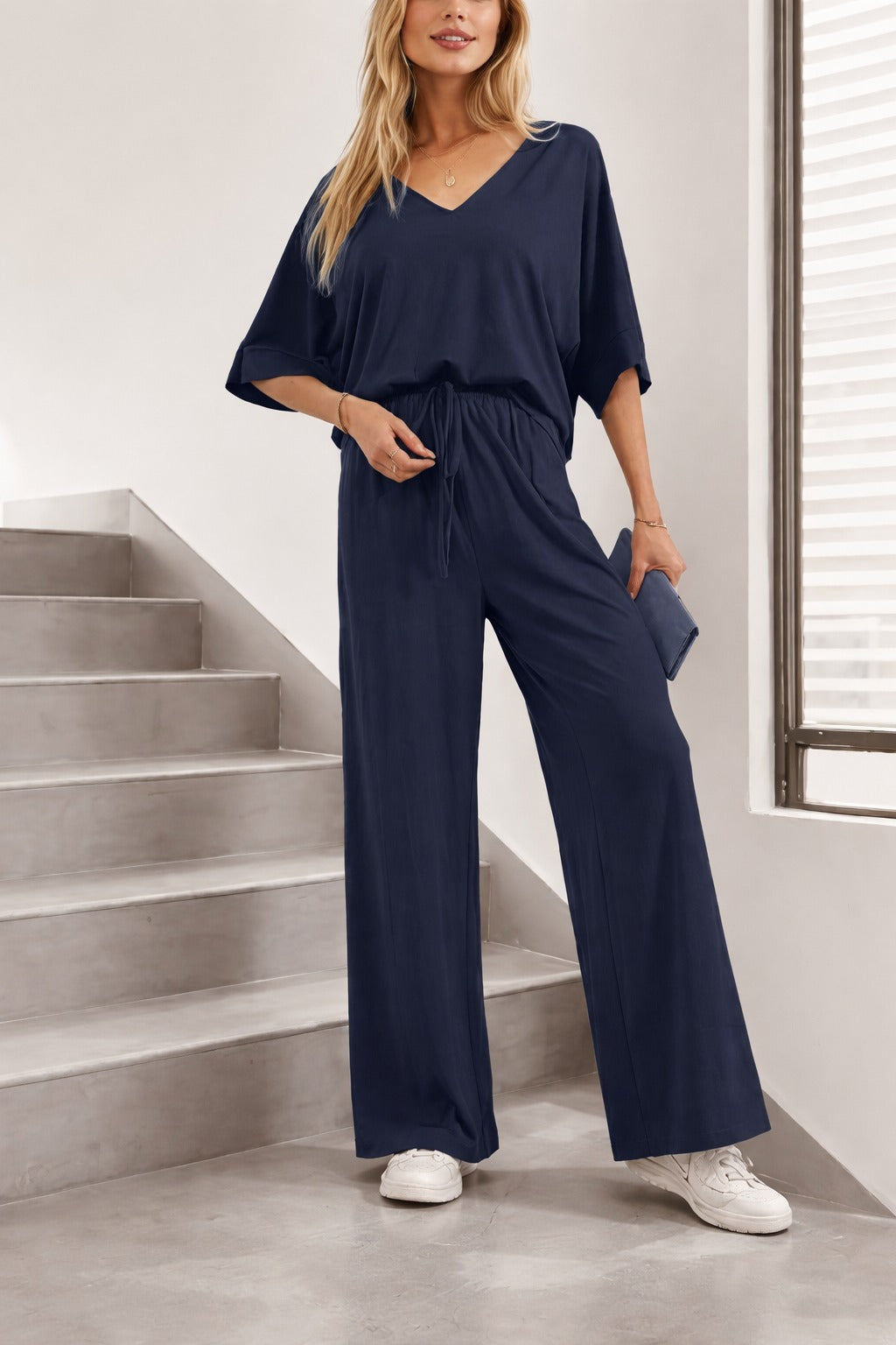Navy Blue V-Neck Half Sleeves Loungewear For Her (NEW)