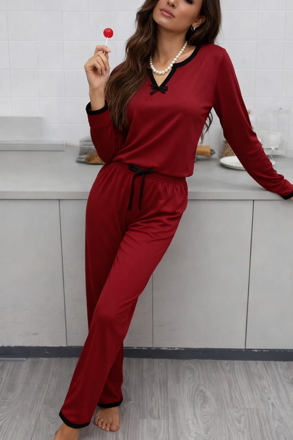 Maroon V-Neck Black Pipin with Bow Full Sleeves Loungewear For Her