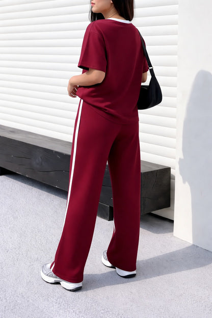 Maroon with White Round Neck with White Panel Palazzo Loungewear For Her