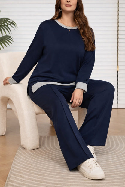 Navy Blue with Grey Neck with Grey Bottom with Plain Palazzo Loungewear For Her