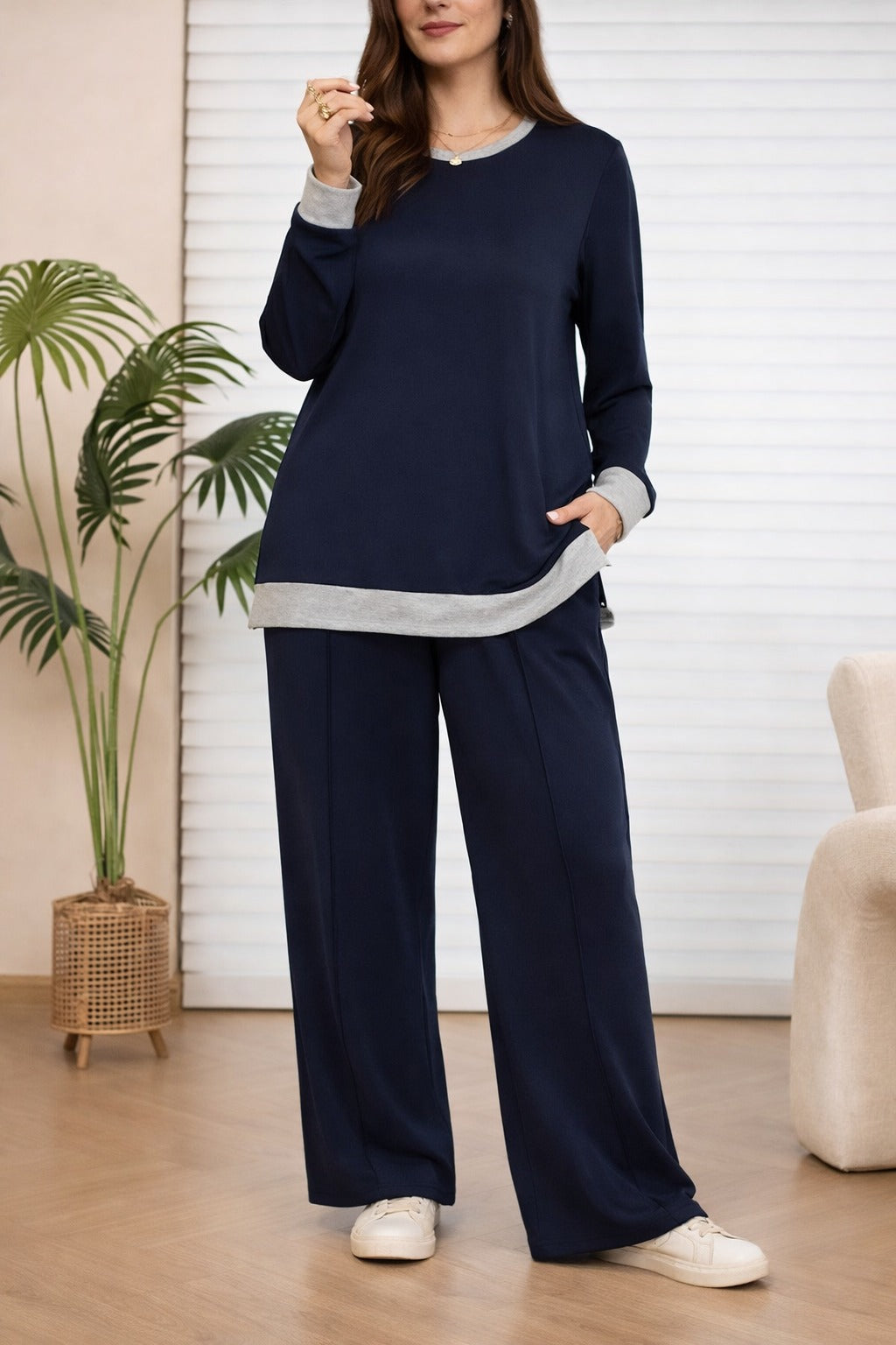 Navy Blue with Grey Neck with Grey Bottom with Plain Palazzo Loungewear For Her