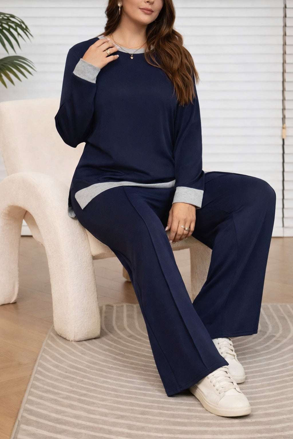 Navy Blue with Grey Neck with Grey Bottom with Plain Palazzo Loungewear For Her