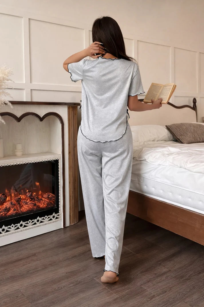 (New) Grey Collar with Black Bow Half Sleeves Loungewear For Her