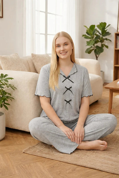 (New) Hezel Grey Collar with 3 Black Bow Half Sleeves Loungewear For Her