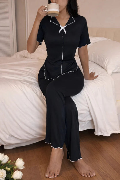 (New) Black Collar with White Bow Half Sleeves Loungewear For Her
