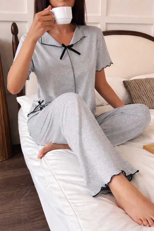 (New) Grey Collar with Black Bow Half Sleeves Loungewear For Her