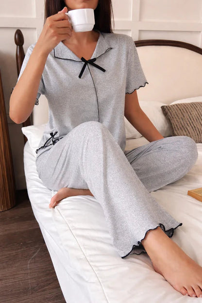 (New) Grey Collar with Black Bow Half Sleeves Loungewear For Her