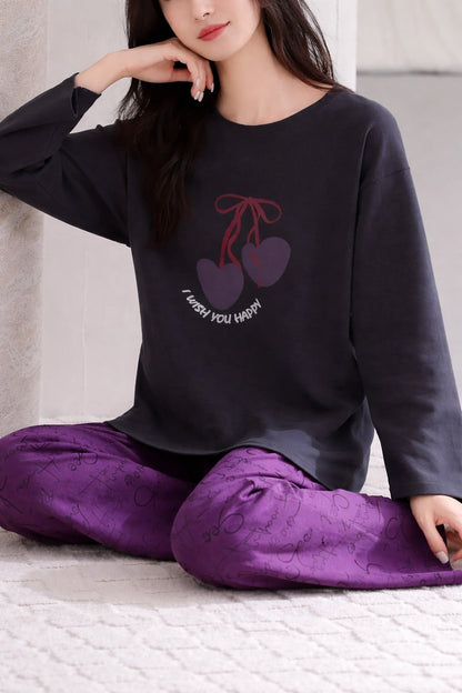 Black Wish You Happy with Purple Printed Full Sleeves PJ Set For Her