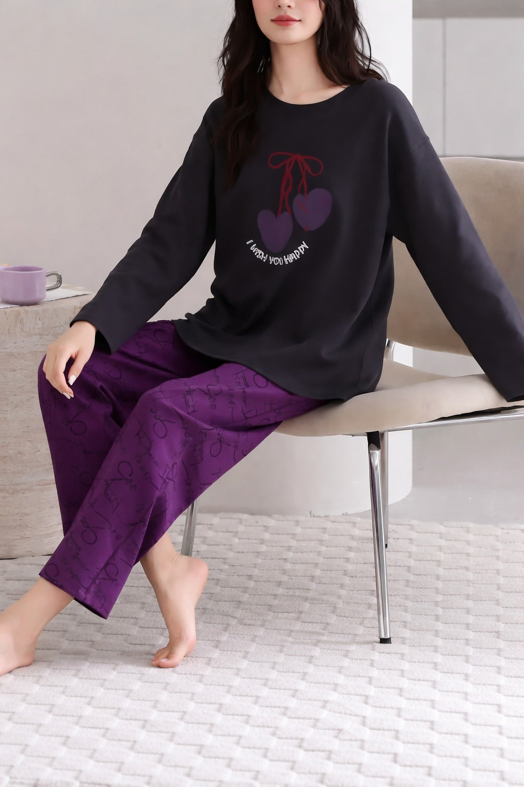 Black Wish You Happy with Purple Printed Full Sleeves PJ Set For Her
