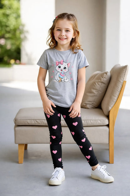 Grey Cat with Black Hearts Printed Half Sleeves Kids Suit