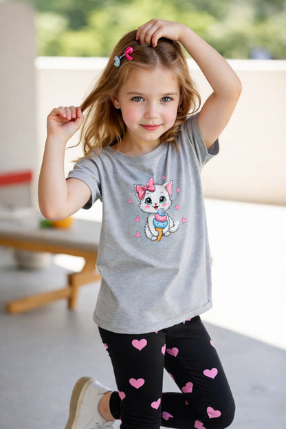 Grey Cat with Black Hearts Printed Half Sleeves Kids Suit